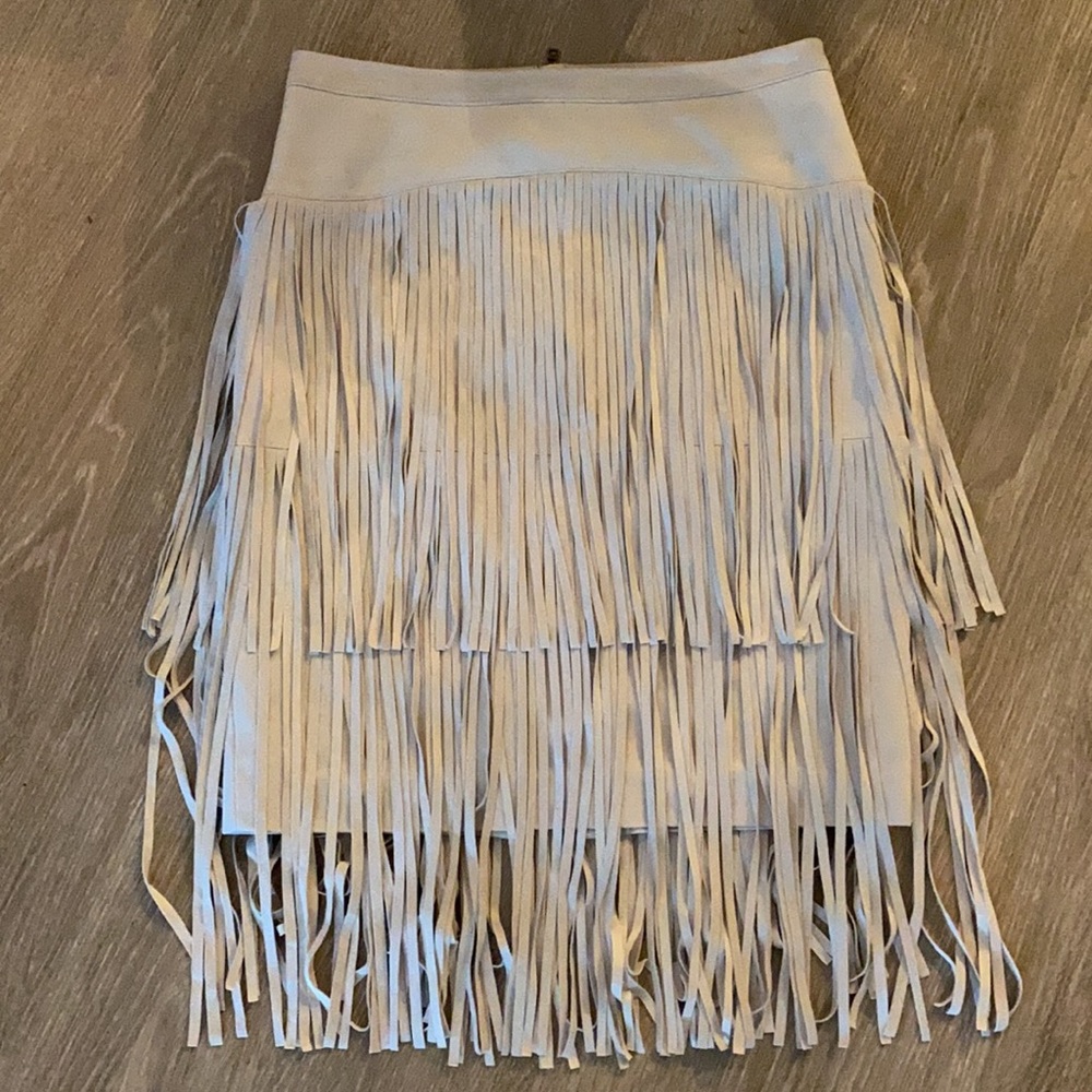 BCBGMAXAZRIA Canvas Faux Suede Fringe Pencil Skirt